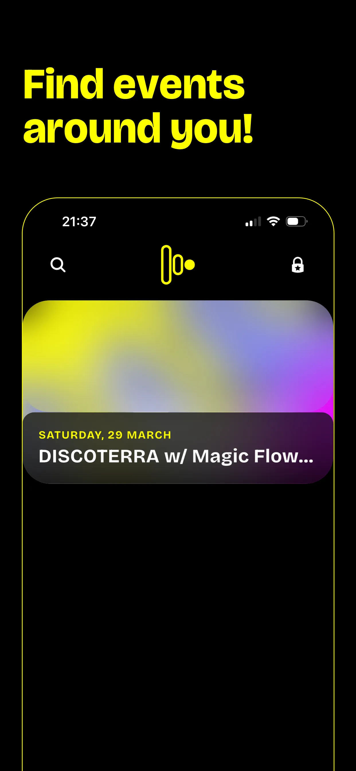 GoParty "Find events around you" screen with a DISCOTERRA event card