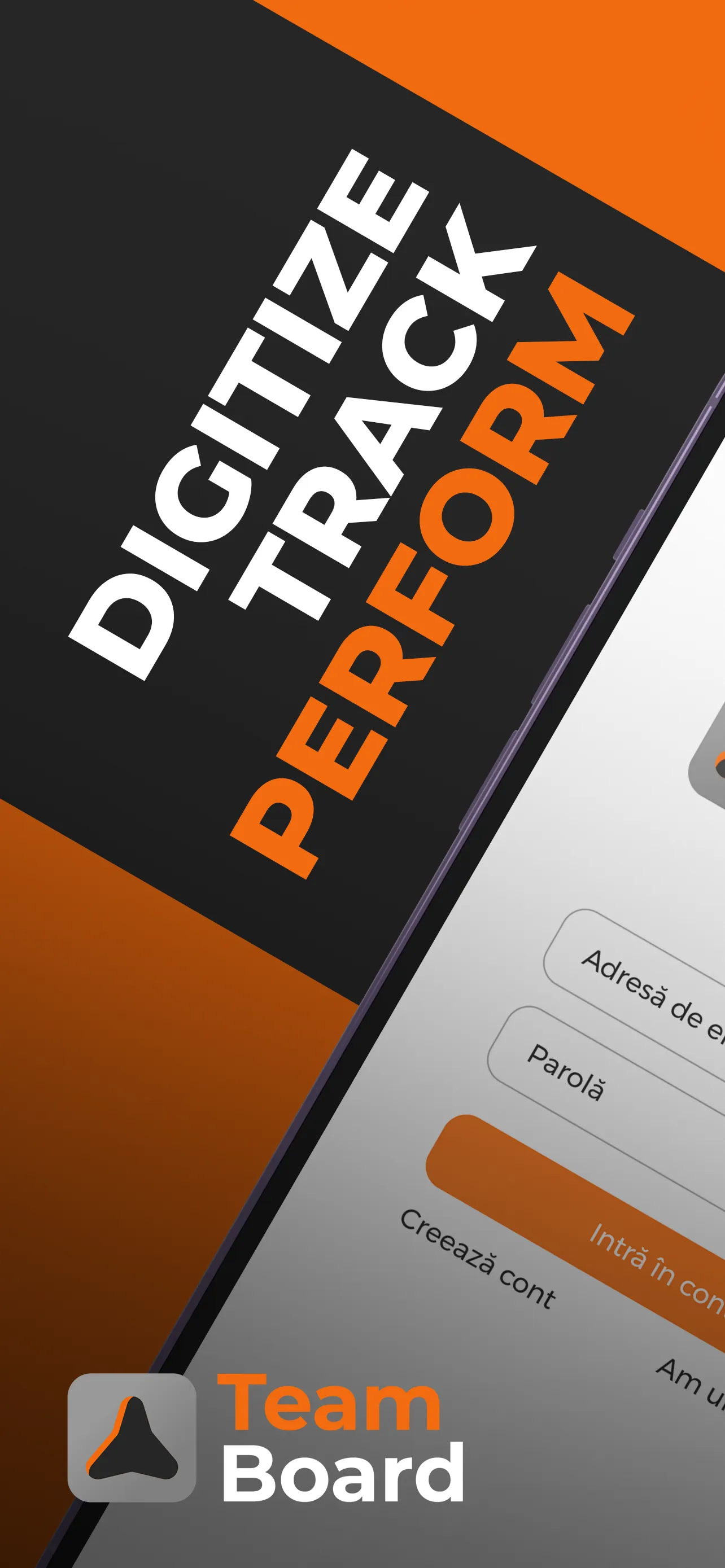 Teamboard login screen on an angled phone, under the words "Digitize, track, perform"