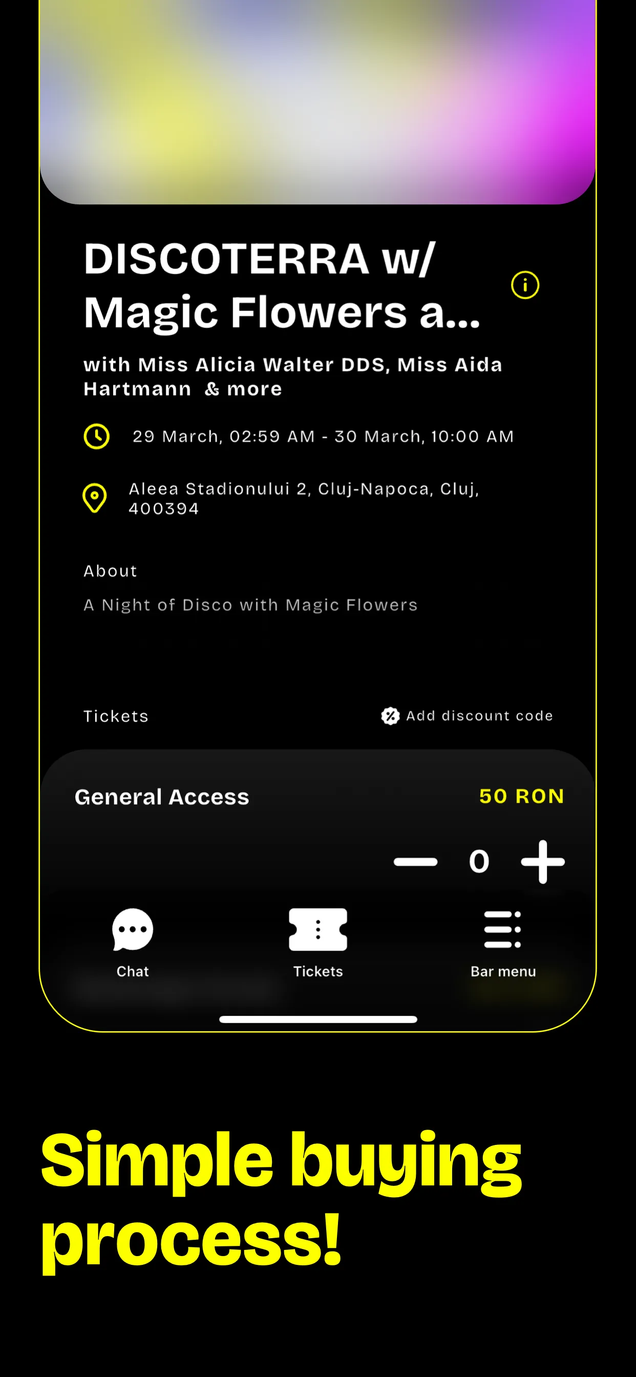 GoParty event page for a DISCOTERRA night with a General Access ticket, a quantity picker and the caption "Simple buying process!"