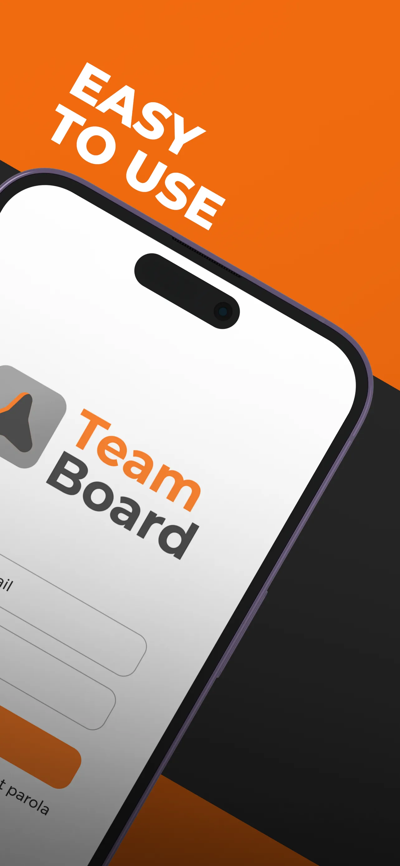 Teamboard login screen on an angled phone, under the words "Easy to use"