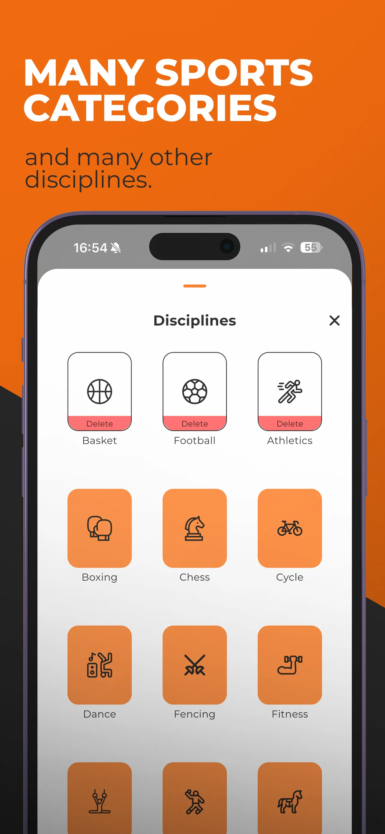 Teamboard club screen listing sports categories for CS Gladiatorii București