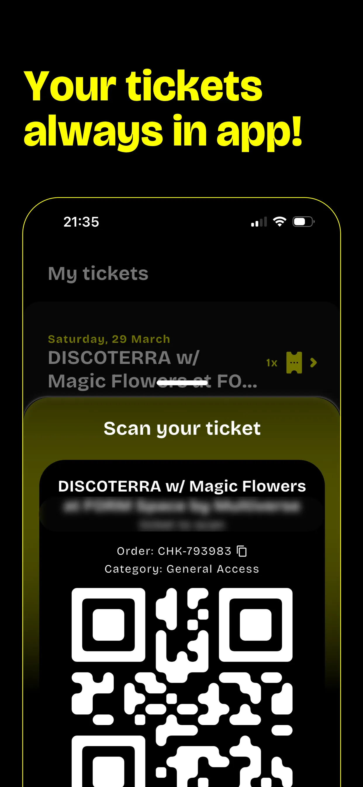 GoParty "Your tickets always in app" screen with a QR code for a DISCOTERRA event