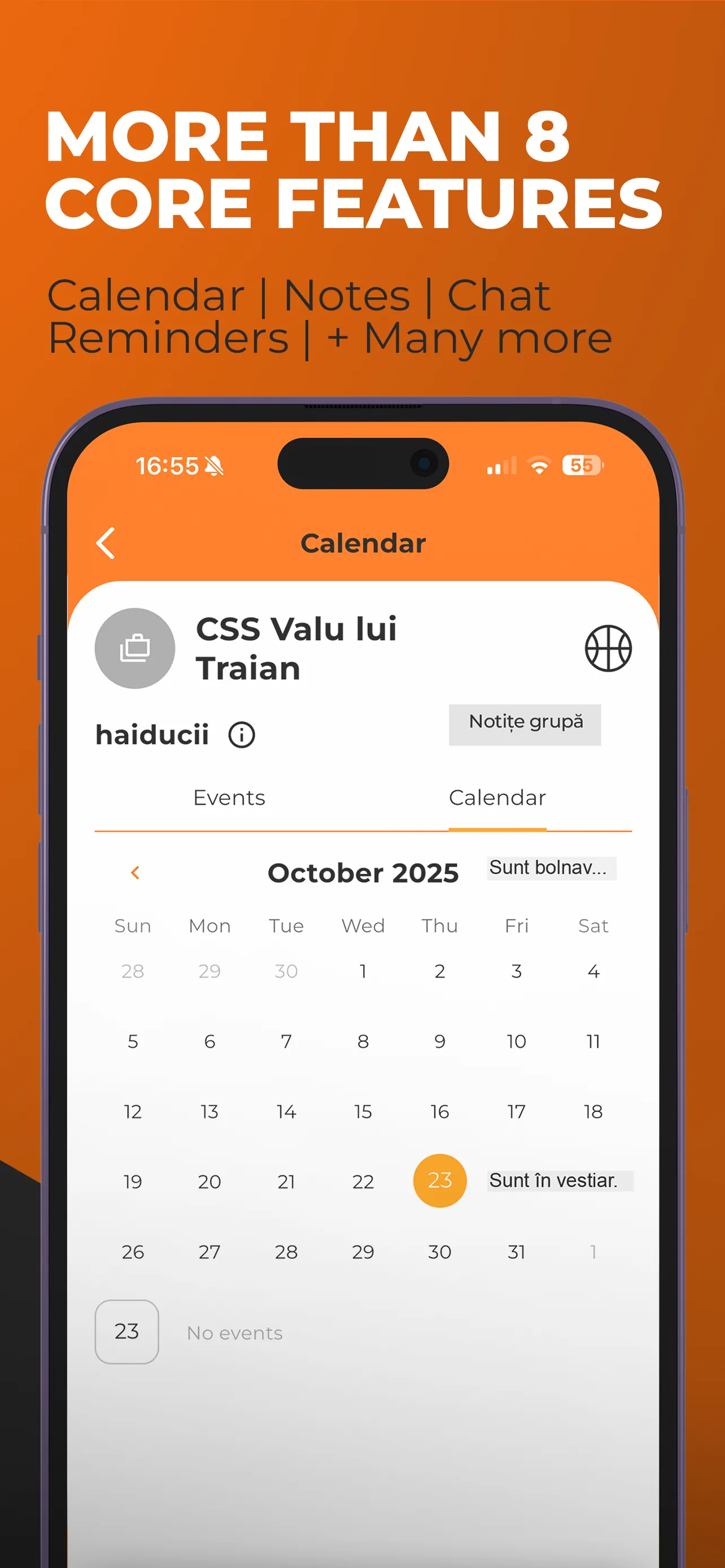 Teamboard calendar for a club team in October 2025, under the caption "More than 8 core features: calendar, notes, chat, reminders"